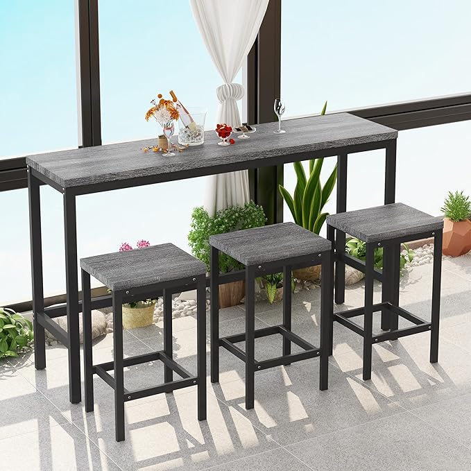 Merax Modern Design 4-Piece Counter Height Extra Long Dining Table Set with 3 Stools and Side Table with Footrest,Space-Saving Pub Kitchen Set,Easy Assembly,Grey