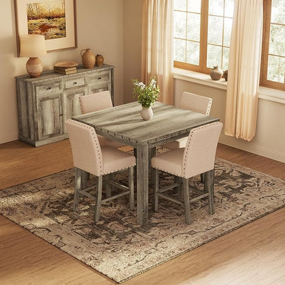 Counter Height Dining Table Set for 4,Farmhouse Dining Table Set for 4,Square Bar Kitchen Dining Table with 4 Bar Stools,High Dining Table and Chairs for Dining Room, Kitchen