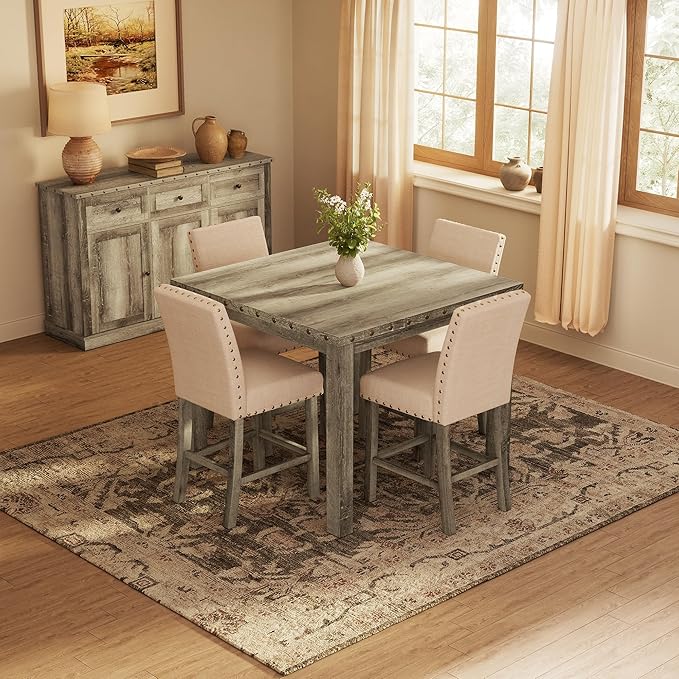 42 inch Counter Height Dining Table for 4-6 People, Farmhouse Dining Table with Rubberwood Leg, Rustic Square Bar Table for Dining Room, Kitchen Island