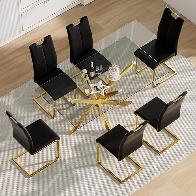 Luxury Gold Glass Dining Table for 4 Modern 51" Rectangular Kitchen & Dining Room Table with X-Shape Stainless Steel Base Large Clear Glass Top Dining Table for Home Office