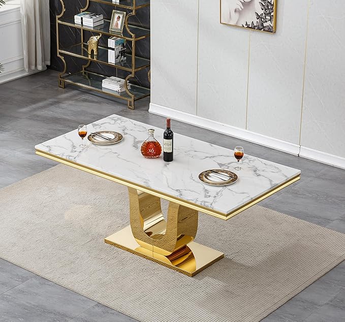 Henf 68" Modern Dining Table for 6, White Marble Kitchen Dining Room Table for 8, Large Rectangular Faux Marble Top and Gold U-Shape Steel Base, Rectangle Pedestal Table for Kitchen, Dining Room