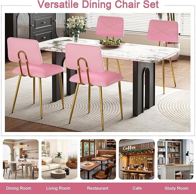 VECELO Dining Chairs Set of 4, Modern Upholstered Kitchen Chairs with Faux Leather Cushion Seat & Metal Legs for Kitchen, Living Room, Tufted Backrest Design, Pink