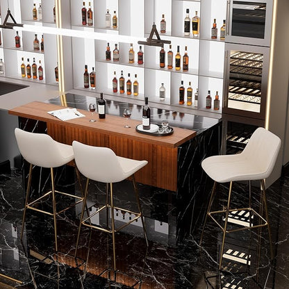 Modern Bar Table and Bar Stools Set, Marble-Look Counter Table with Wood Accent Top & Beige Velvet Bar Chairs Set of 3 with Gold Legs, Kitchen Island Pub Table Set for Home Bar, Dining Room