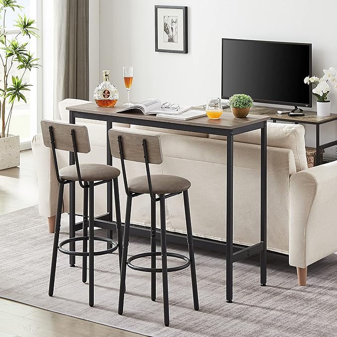Set of 2 Bar Table and Chair, Kitchen Dinning Table Set with 2 Soft PU Backrest Stools, Counter Pub High Top Console for Kitchen, Pub, Small Space