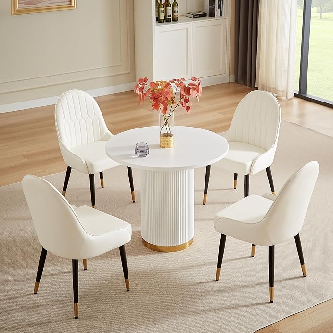 Round Dining Table Set for 4, 35.04" Modern Farmhouse Dining Table and 4 Leather Dining Chair, Small Circle Kitchen Tables with Wood & Gold Stainless Steel Base for Living Room, Kitchen, White