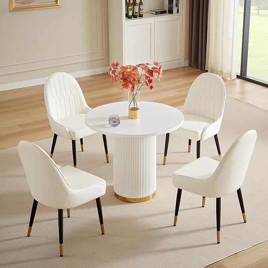 Round Dining Table Set for 4, 35.04" Modern Farmhouse Dining Table and 4 Leather Dining Chair, Small Circle Kitchen Tables with Wood & Gold Stainless Steel Base for Living Room, Kitchen, White