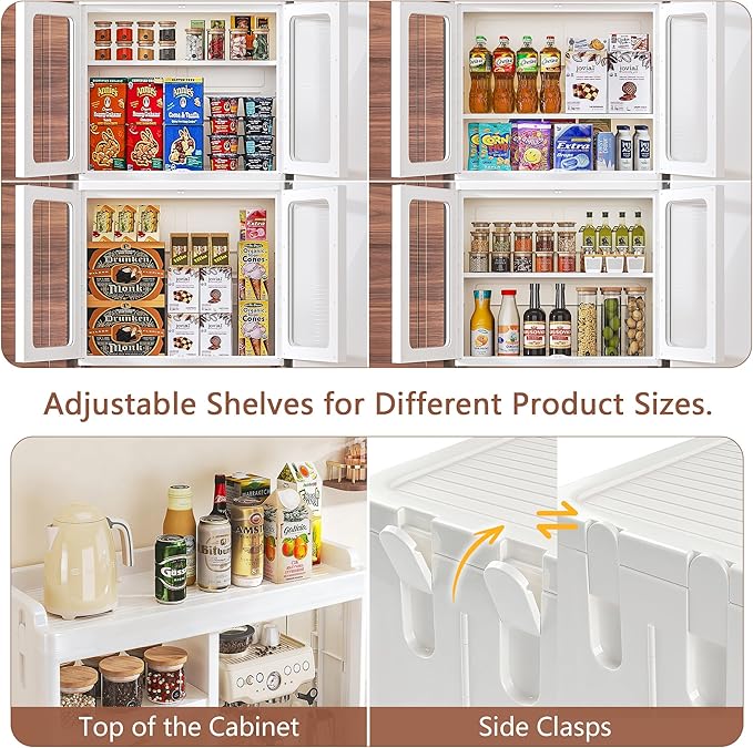 VECELO Foldable Plastic Sideboard Cabinet with Adjustable Shelves, Waterproof Buffet Cabinet with Doors for Kitchen, Dining Room & Small Spaces, White