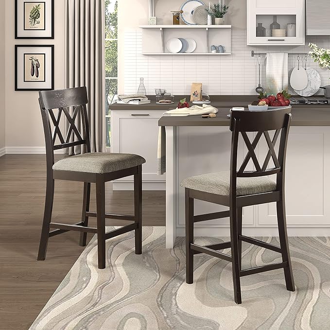 Lexicon Counter Height Stools Set of 2 - Attis Kitchen Counter Stools Set of 2, Upholstered Padded 25.5" Seat Height, Sturdy Solid Wood, Farmhouse Kitchen Chairs, Cross Back, Dark Brown