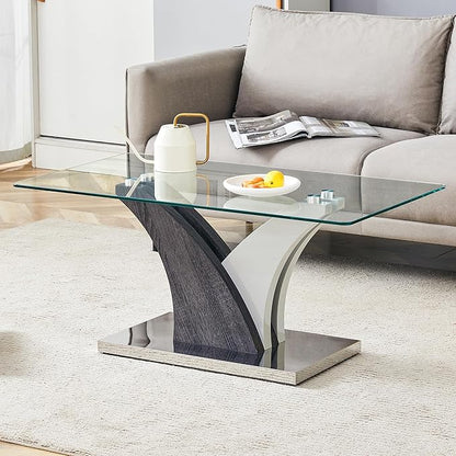 Glass Coffee Table for Living Room, 39" Modern Rectangle Coffee Tables with Tempered Glass Top and Sturdy Y-Shaped Wooden Base, Clear Center Table for Living Room, Apartment, Office