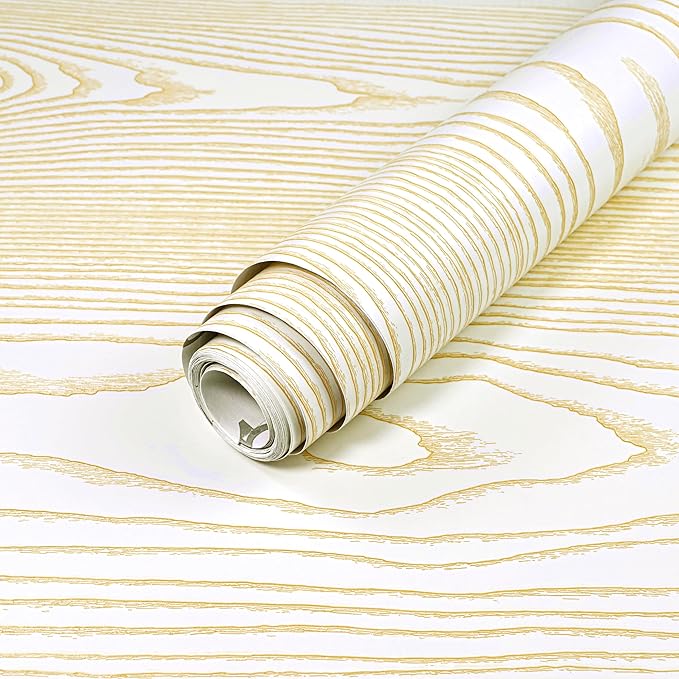 Yun-aeon Beige and Gold Wood Contact Paper 17.3"x200" Rustic Wooden Peel and Stick Wallpaper Removable Self-Adhesive Wallpaper Wood Grain Contact Paper for Countertops Cabinets