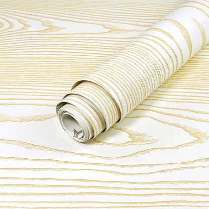 Yun-aeon Beige and Gold Wood Contact Paper 17.3"x200" Rustic Wooden Peel and Stick Wallpaper Removable Self-Adhesive Wallpaper Wood Grain Contact Paper for Countertops Cabinets