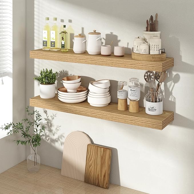 Acovy 30 Inch Floating Shelves for Wall 2 Pack, 30" Wall Shelves for Books, Storage, Decor, Wall Mounted Floating Shelf with Invisible Brackets for Kitchen, Living Room, Light Brown
