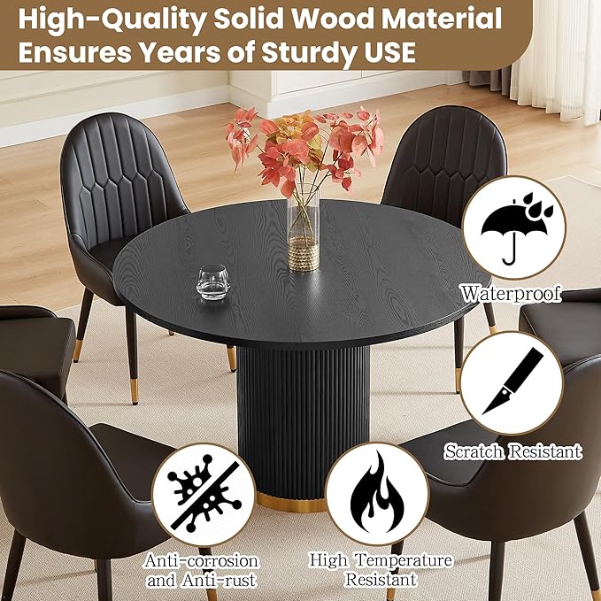 Round Dining Table Set for 6, 46.46" Modern Farmhouse Dining Table and 4 Leather Dining Chair, Circle Kitchen Tables with Wood & Gold Stainless Steel Base for Living Room, Kitchen, Black