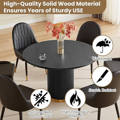 Round Dining Table Set for 6, 46.46" Modern Farmhouse Dining Table and 4 Leather Dining Chair, Circle Kitchen Tables with Wood & Gold Stainless Steel Base for Living Room, Kitchen, Black