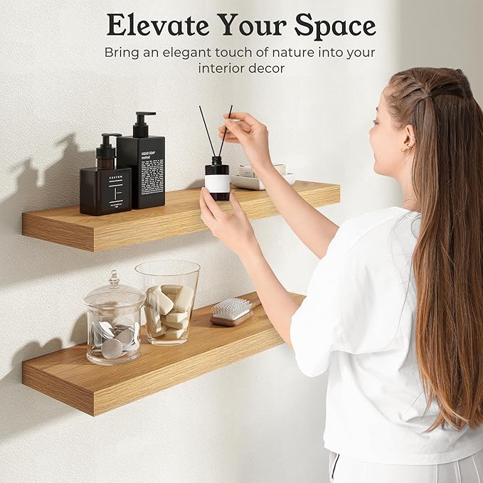Floating Shelves for Wall, 9.3" Deep Wall Mounted Wood Shelves for Bathroom, Bedroom, Living Room, Kitchen, Hanging Shelf for Books/Storage/Room Decor (Oak, 30")