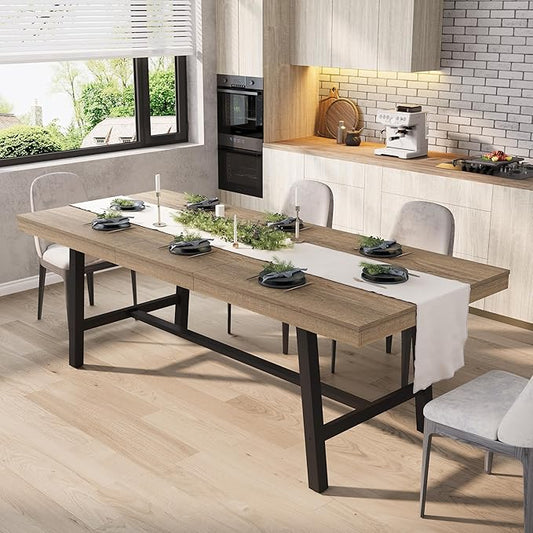 GarveeHome 63-83" Extendable Dining Table, Industrial Rectangular Dining Room Table for 6-8 People, Expandable Kitchen Table with Heavy Duty Metal Frame for Dining Room, Kitchen & Parties, Rustic Pear