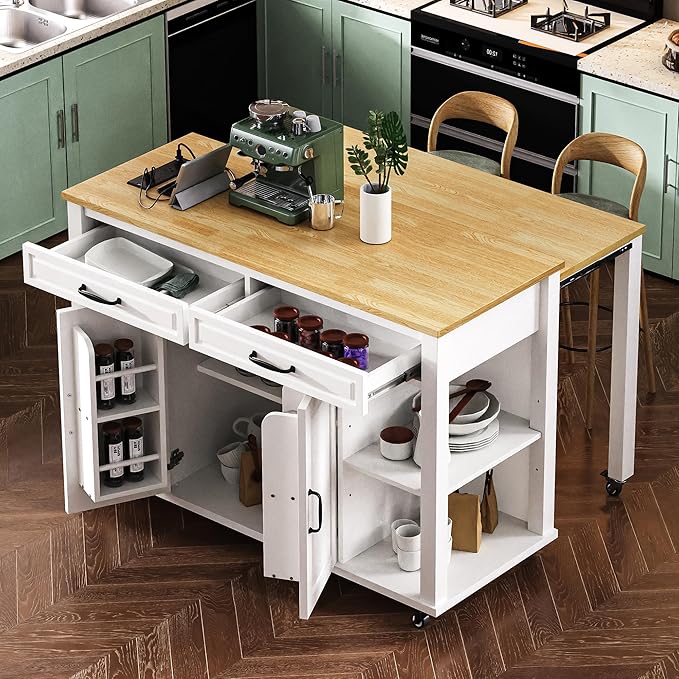 GOWE K&K 47 inch Kitchen Island with Extendable Dining Table, Rubber Wood Veneer Kitchen Table with Internal Storage Rack, Power Outlet, Kitchen Island with Storage 2 Drawers 2 Cabinet,White