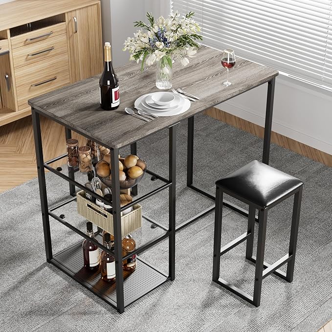 VECELO Dining Table Set for 2 with 3 Storage Shelves,Counter Height Kitchen Table and Chairs with Pu Cushion Chairs & Wood Top for Small Space,Dining Room,Apartment，Light Gray