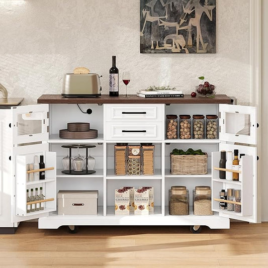 RUNNA 54.9" Kitchen Island with Drop Leaf,Power Outlet, Kitchen Storage Cart with 4 Door Shelves,Cross Barn Doors & Visual Glass Door,Rolling on 4 Wheels for Kitchen,Dining Room (White#77)