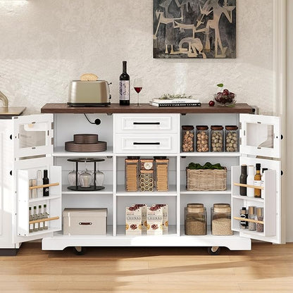 54.9" Kitchen Island with Drop Leaf and Drawers, Rolling Kitchen Cart with Shelves and Storage Cabinet, Kitchen Prep Table on Wheels with Power Outlet and Cross Barn Doors & Visual Glass Door White