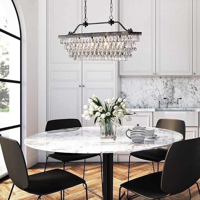 Edvivi Rectangular Linear Crystal Chandelier 30 in. W, 4 Lights Luxury Glam Adjustable Ceiling Lighting Fixture with 4 Rows of Teardrop Crystals for Living Dining Room Kitchen Island, Antique Bronze