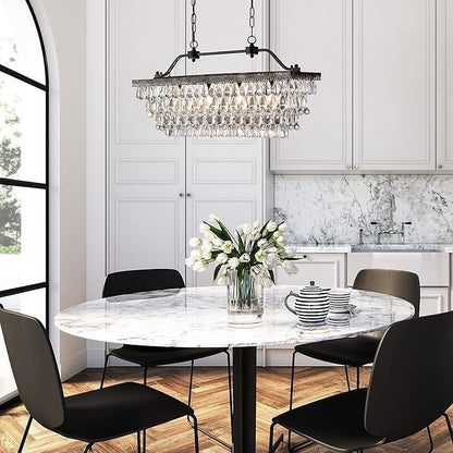 Edvivi Rectangular Linear Crystal Chandelier 30 in. W, 4 Lights Luxury Glam Adjustable Ceiling Lighting Fixture with 4 Rows of Teardrop Crystals for Living Dining Room Kitchen Island, Antique Bronze