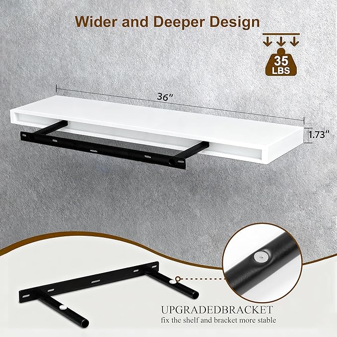 Floating Shelves for Wall(Set of 2)-36 Inch White Wood Wall Shelf with Invisible Brackets for Bathroom,Bedroom,Drawingroom,Kitchen for Decor(2pcs,White)