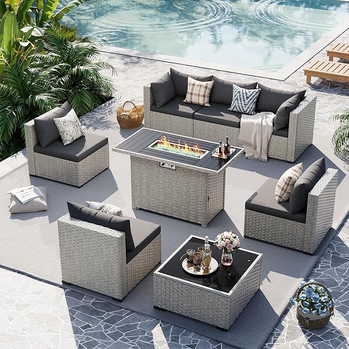 UDPATIO Patio Furniture Set with Fire Pit Table, 8 Pieces Outdoor Sectional Sofa, PE Wicker Patio Conversation Set for Garden, Backyard Black