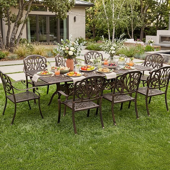 VINGLI 9-Piece Cast Aluminum Outdoor Dining Set for 8, Rectangular Patio Table with Umbrella Hole & 8 Stackable Chairs, All-Weather Garden/Poolside Furniture