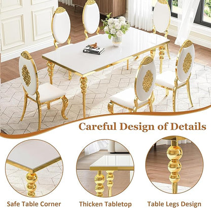 Glass Dining Table Set for 6 People, 7 Piece Dining Table Set with 70" White Glass Kitchen Table and 6 White Carved Back Chairs, for Living Room, Restaurant, Large Party