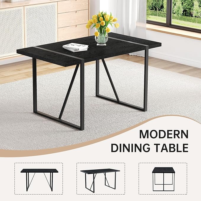 55" Extendable Island Table, Rustic Dining Table with Metal Frame, Mid Century Dining Table for Kitchen Dining Living Room, Black