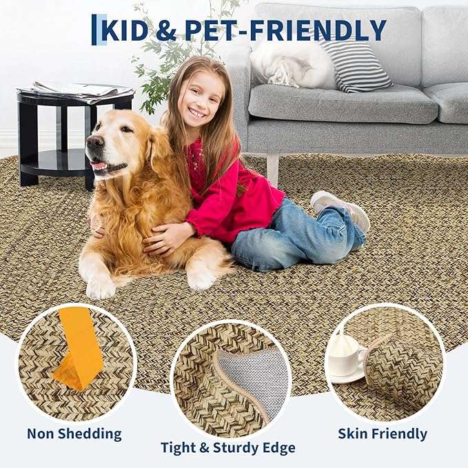 Imitation Braided Collection-Print 4x6 Bedroom Washable Area Rug Dining Room Throw Carpet with Non Slip Rubber Backing, Farmhouse Soft Low Pile Rustic Accent Rug for Living Room Home Decor