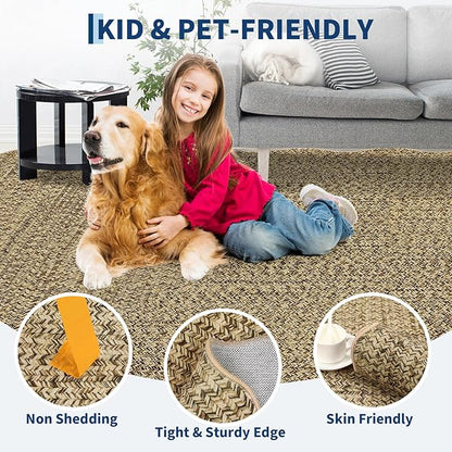 Imitation Braided Collection-Print Large Washable Rug 9x12 Non-Slip Area Rugs for Living Room, Natural Bordered Carpet, Stain Resistant Thin Foldable Floor Cover for Nursery Dining Room