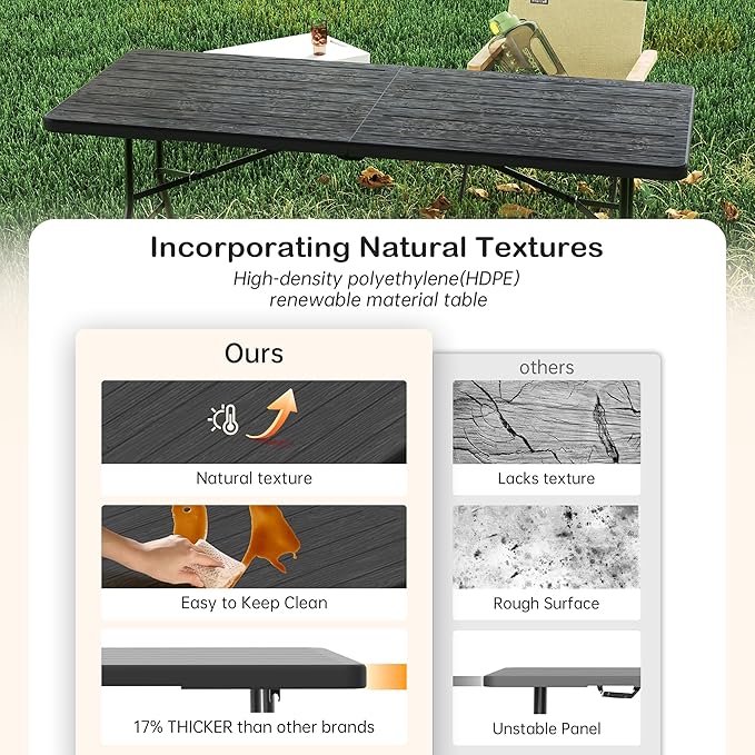 Set of 2 6 Foot Folding Table for Indoor Outdoor, Portable Heavy Duty Fold-in-Half Utility Plastic Foldable Dining Table with Carrying Handle for Picnic, Camping and Party, 2 Pack Matte Black