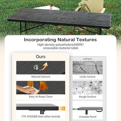 Folding Table 6 Foot for Indoor Outdoor, Portable Heavy Duty Fold-in-Half Utility Plastic Foldable Dining Table with Carrying Handle for Picnic, Camping and Party, Matte Black