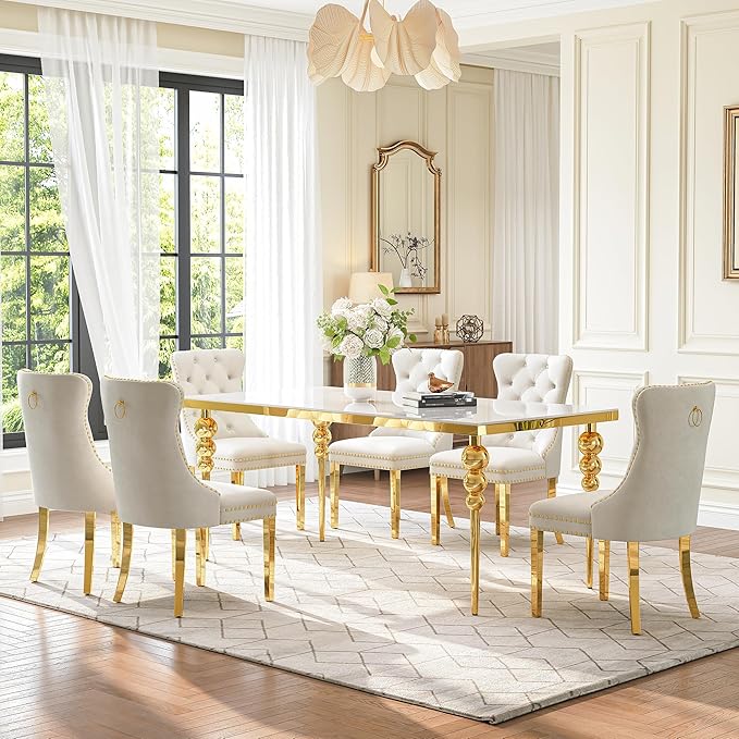 7 Piece Glass Dining Table Set, Modern 70 Inch Gold Rectangular Glass Kitchen Table, 6 Beige Exquisite Velvet Cushion Chairs for Living Room, Restaurant (White-Top)