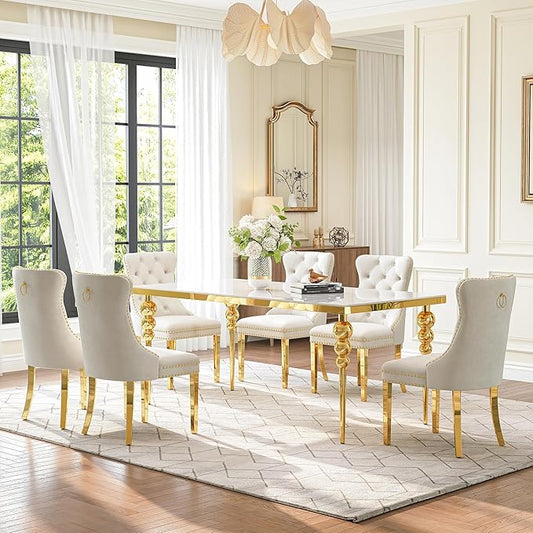 7 Piece Glass Dining Table Set, Modern 70 Inch Gold Rectangular Glass Kitchen Table, 6 Beige Exquisite Velvet Cushion Chairs for Living Room, Restaurant (White-Top)