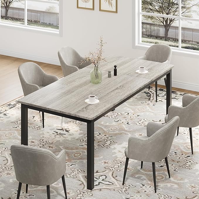 Garvee 79 in Dining Table for 6, Farmhouse Wooden Kitchen Tables for Family, Rectangular Industrial Style Dining Room Table with Sturdy Metal Frame, Long Desk for Restaurant, Kitchen, Office,Grey