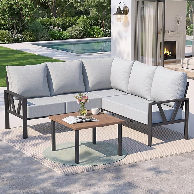 Outdoor Furniture Set, 6 Pieces Outdoor Couch Sectional, L Shaped Metal Patio Corner Sofa with 6” Thick Cushions, Patio Seating Conversation Set, Light Grey