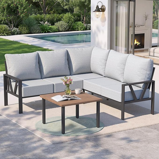 Outdoor Furniture Set, 6 Pieces Outdoor Couch Sectional, L Shaped Metal Patio Corner Sofa with 6” Thick Cushions, Patio Seating Conversation Set, Light Grey