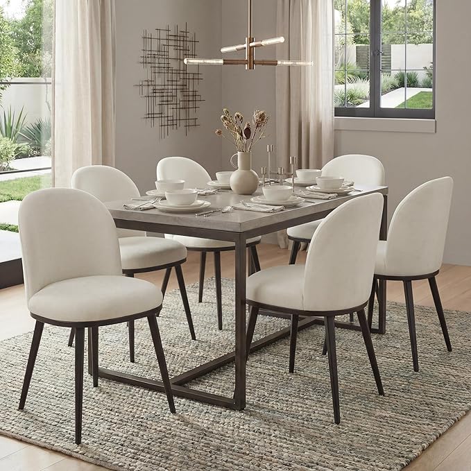 KISLOT Dining Chairs Set of 6, Fabric Upholstered Dining Room Chairs with Ergonomic Backrest & Metal Legs, Modern Kitchen Side Chairs for Home, Restaurant, and Café, Ivory, 2 Boxs