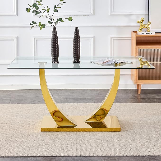 63" Gold Dining Room Table, Glass Dining Table for 4-6 with Rectangular Tempered Glass Tabletop, Modern Kitchen Table with Glossy U Shape Stainless Steel Base for Kitchen Dining Room
