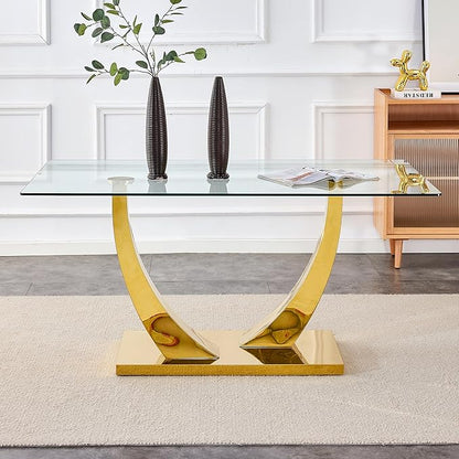 63" Gold Dining Room Table, Glass Dining Table for 4-6 with Rectangular Tempered Glass Tabletop, Modern Kitchen Table with Glossy U Shape Stainless Steel Base for Kitchen Dining Room
