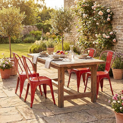 Shahoo Metal Dining Chairs Classic Iron Stackable Industrial Vintage Trattoria with Back, Indoor-Outdoor Side Settee for Home Bistro Cafe Kitchen Restaurant Set of 4, Red