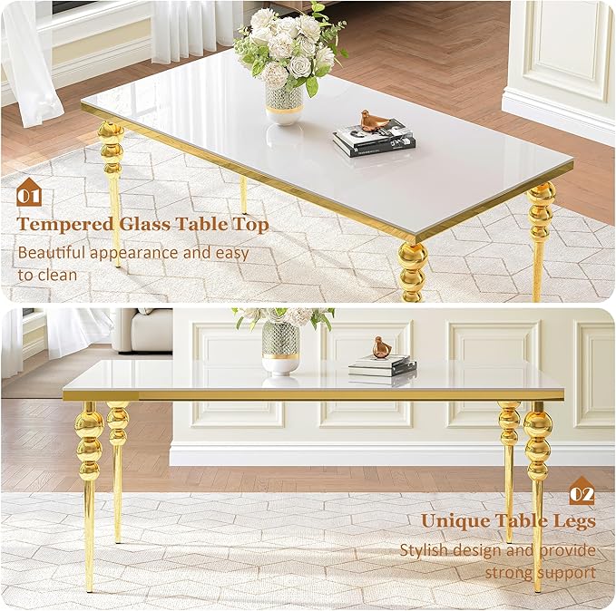 70 Inch Glass Dining Table for 6-8, Luxurious Rectangular Kitchen Table with White Tempered Glass Top, Gold Stainless Steel Legs for Dining Room, Restaurant, Living Room