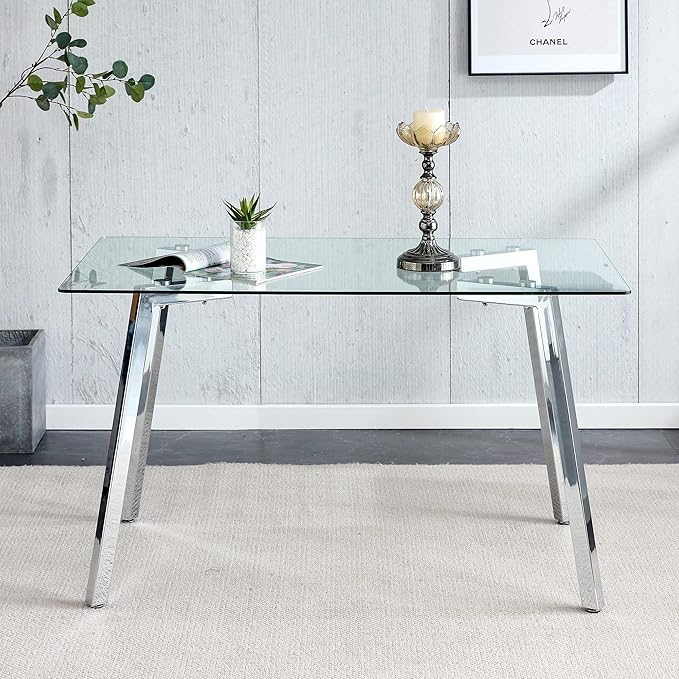 Rectangular Glass Dining Table 51 Inch Modern Rectangular Kitchen Table with Metal Legs Durable Stylish Dinner Table for Dining Room Kitchen