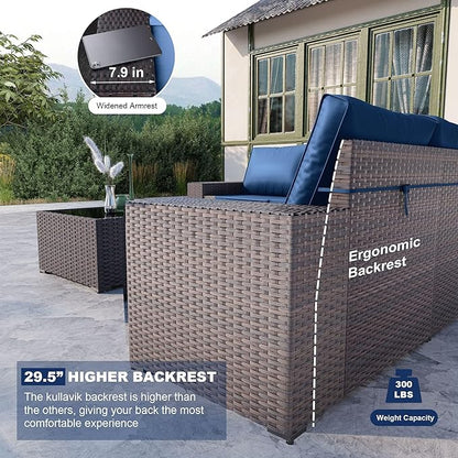 Kullavik 9 Pieces Outdoor Patio Furniture Set,PE Wicker Rattan Sectional Sofa Patio Conversation Sets with Swivel Rocking Chairs Set,Navy Blue