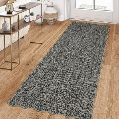 Imitation Braided Collection-Print Washable Runner Rug 2x8 Non Slip Bathroom Rug Scalloped Soft Farmhouse Throw Rugs Kitchen Runner Stain Resistant Carpet for Hallway Entryway Rugs