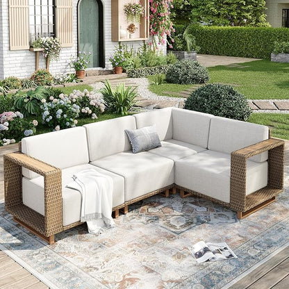 MIXPATIO Patio Sectional Furniture Set, 4 Piece Outdoor Yellow Rattan Modular Sofa Couch Set, Deep Seating Conversation Set with 10" Extra Thick Cushions, Low Profile Deck Backyard Lawn Furniture