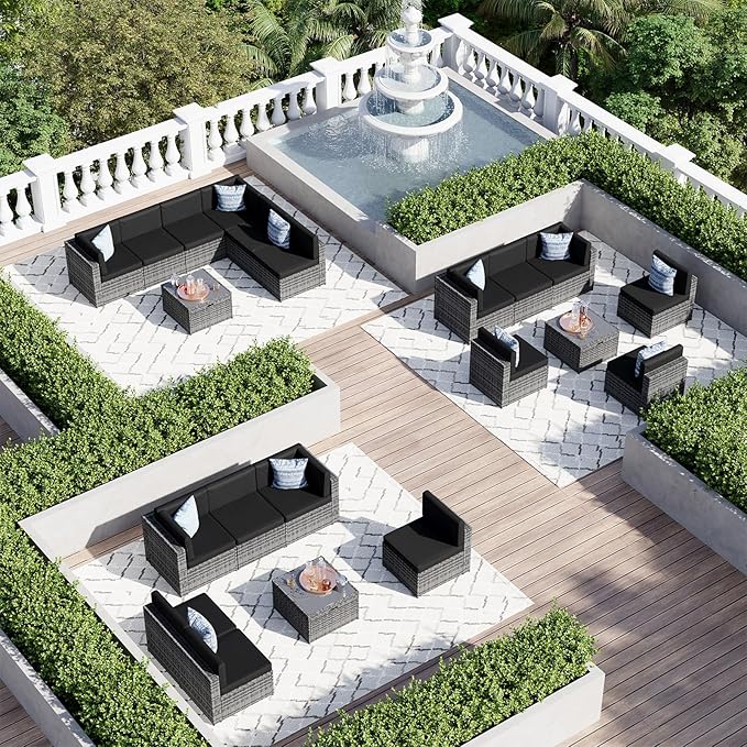 Aoxun 7 Piece Patio Furniture Set, All-Weather Wicker Outdoor Furniture 6 Seats Patio Conversation Sets with Storage Coffee Table, Outdoor Sectional Sofas for Backyard Garden(Grey/Black)